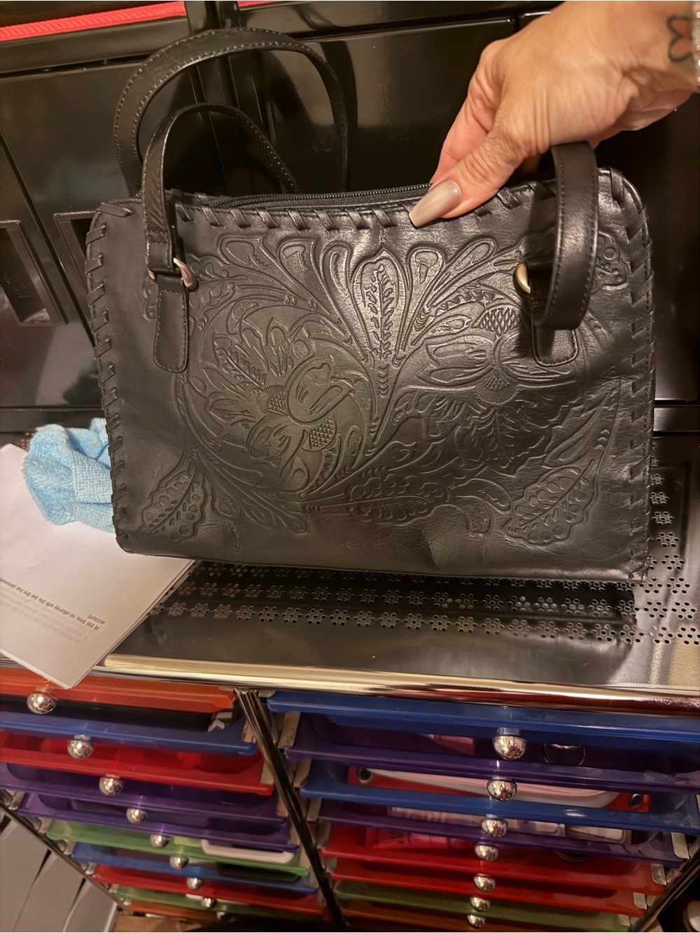 Source Unknown Black Embossed Floral Leather Shoulder Bag